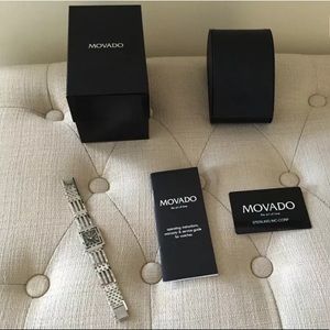 Movado watch with black square face and numerals